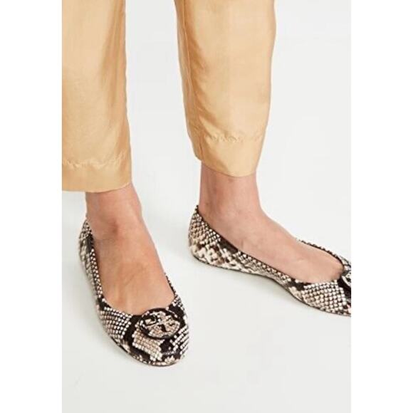 Tory Burch Minnie Flats Size 8 Roccia Snake Emboss Leather Logo Travel Ballet - Picture 2 of 14